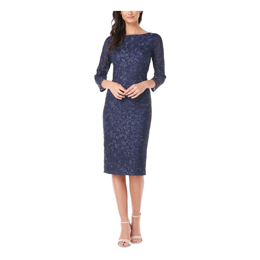 JS COLLECTION Womens Navy 3/4 Sleeve Below The Knee Evening Sheath Dress 2